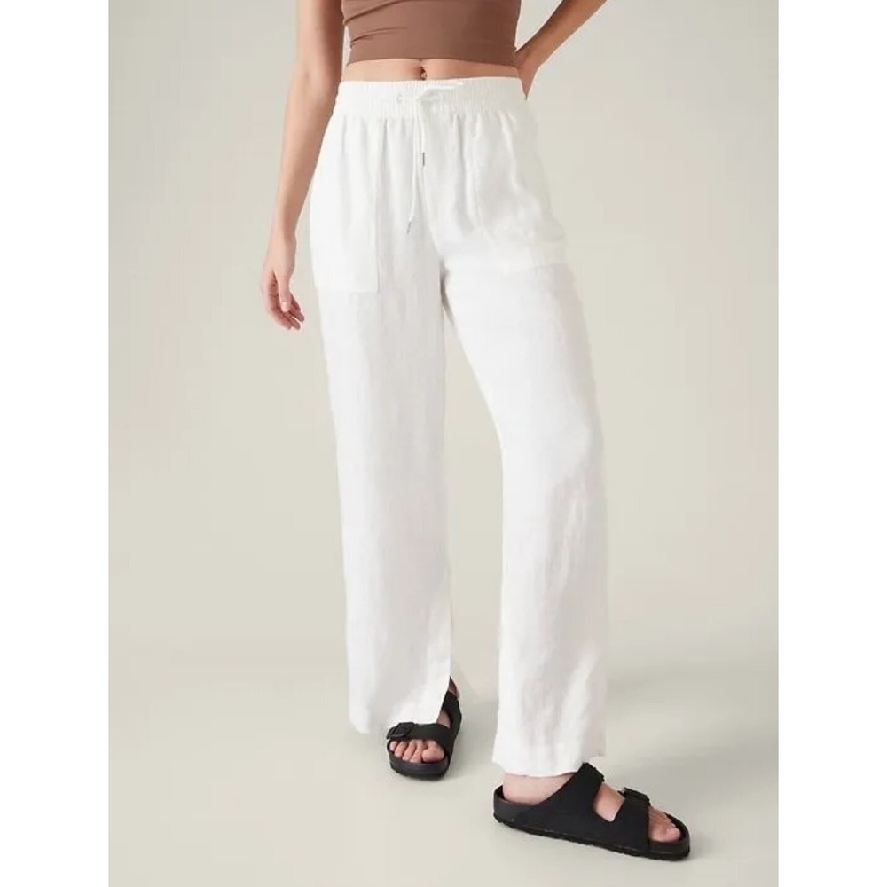 New‎ Athleta 100% Linen Pants 14 Wide Leg White Travel Pockets Retreat Vacation